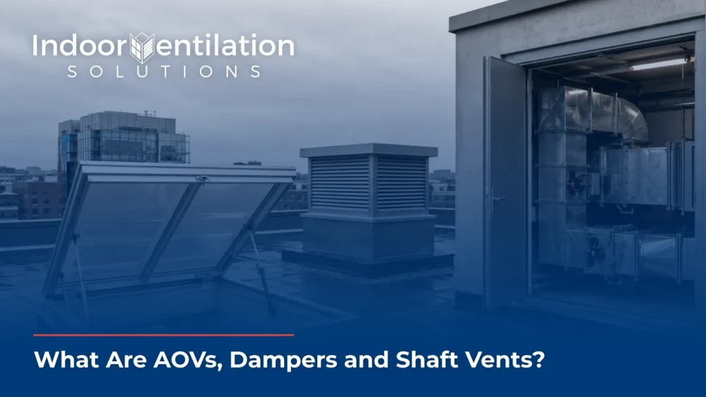 The graphic showcases a rooftop ventilation setup under a cloudy sky, stylized with a smooth blue color gradient overlay. The scene features an open automatic opening vent (AOV) hatch in the foreground, a central louvered ventilation housing, and an open utility room door on the right revealing large, shiny metallic ductwork. In the upper-left corner, the white company logo reads "Indoor Ventilation SOLUTIONS," with a custom building graphic replacing the letter 'V'. Along the bottom edge, a thin red line rests above bold white text that reads, "What Are AOVs, Dampers and Shaft Vents?"